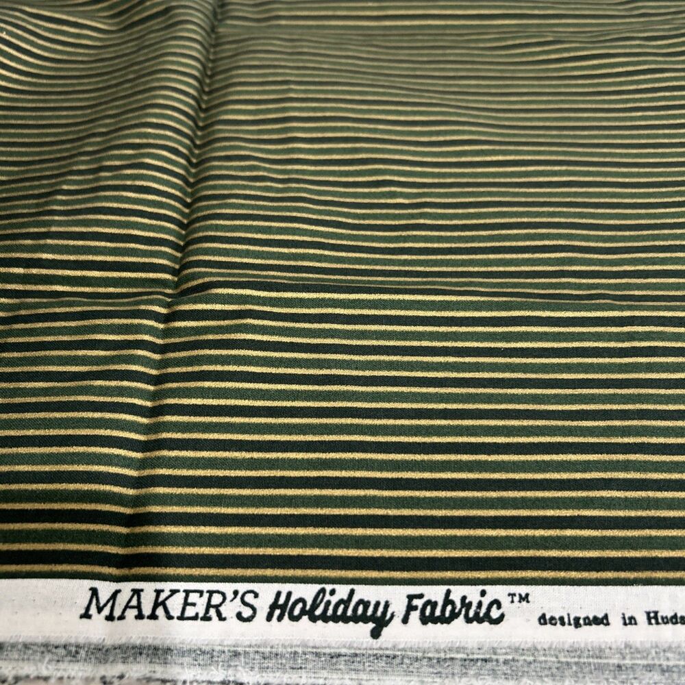 Jo Ann Makers Holiday Stripe Cotton Fabric Green Gold Tuxedo 1 Yd X 45"